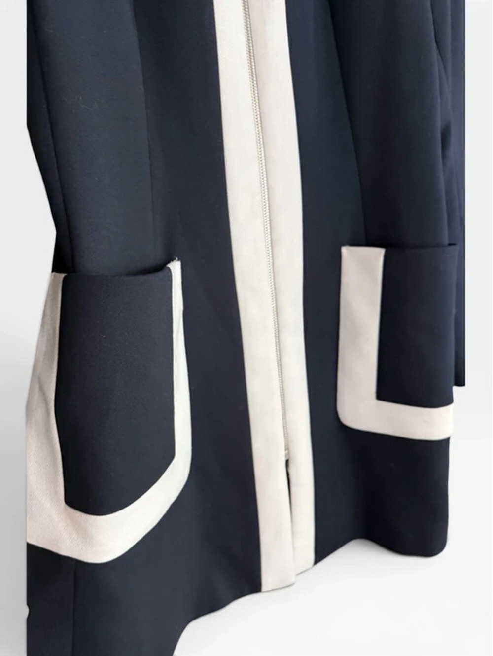 Zara Basic Zip Up Round Neck Frock Coat Blazer Jacket Navy Blue White Trim Mod M - Picture 6 of 9